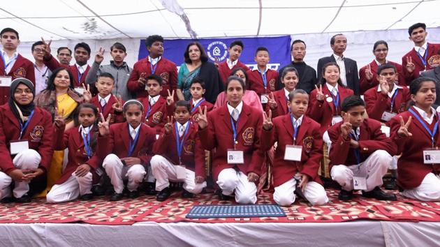 Children, who will be honoured with National Bravery Awards 2016, pose for a group photo during a press conference in New Delhi. (PTI Photo)