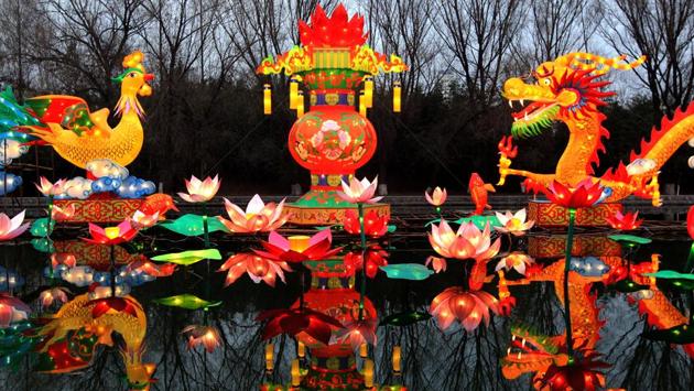 A rooster and a dragon lantern are seen at a lantern fair in Xuchang, Henan province, ahead of the upcoming spring festival. (REUTERS)
