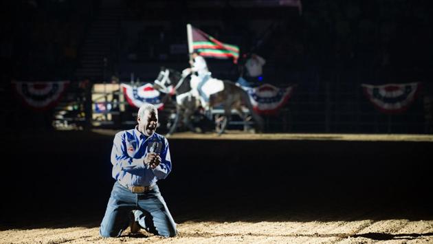 Singer Howard Johnson performs the Black American National Anthem at the beginning of the MLK Jr. African American Heritage Rodeo at the National Western Stock Show in Denver. (Jason Connolly/AFP) Singer Howard Johnson performs the Black American National Anthem at the beginning of the MLK Jr. African American Heritage Rodeo at the National Western Stock Show in Denver. (Jason Connolly/AFP)