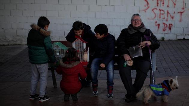Children watch birds next to a woman and her dog, after a priest blessed them, outside San Anton Church in the neighbourhood of Churriana, in Malaga, Spain. (Jon Nazca/REUTERS) Children watch birds next to a woman and her dog, after a priest blessed them, outside San Anton Church in the neighbourhood of Churriana, in Malaga, Spain. (Jon Nazca/REUTERS)