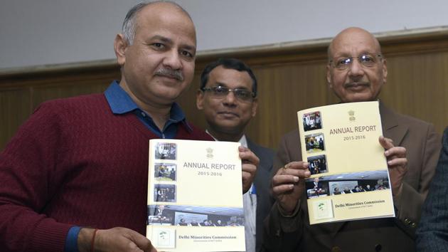 Deputy CM Manish Sisodia (left) releases the annual report 2015-2016 with Delhi Minorities Commission chairman Qamar Ahmad at the Vidhan Sabha on Wednesday.(Sonu Mehta/ HT Photo)