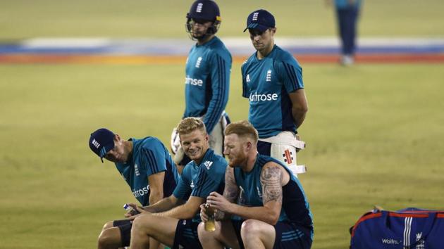 England's cricketers take a break during a training session ahead of their second one-day international cricket match against India. (AP)