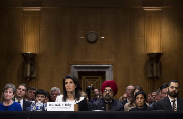 South Carolina Governor Nikki Haley surrounded by family members as she testifies during her confirmation hearing for US ambassador to the United Nations (UN) on Capitol Hill in Washington. (AFP) South Carolina Governor Nikki Haley surrounded by family members as she testifies during her confirmation hearing for US ambassador to the United Nations (UN) on Capitol Hill in Washington. (AFP)