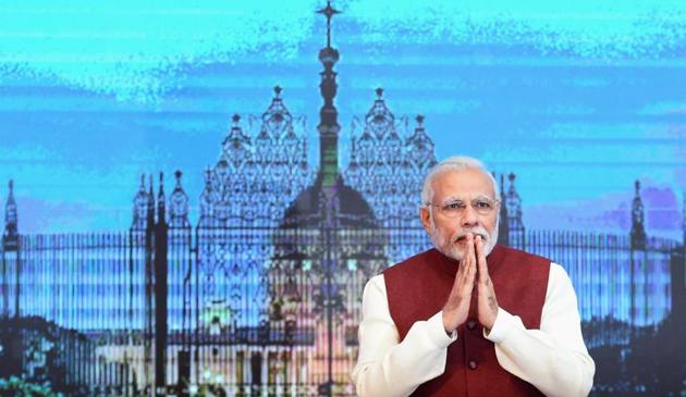 Prime Minister Narendra Modi at the opening session of the second Raisina Dialogue in New Delhi on Tuesday.(PTI)