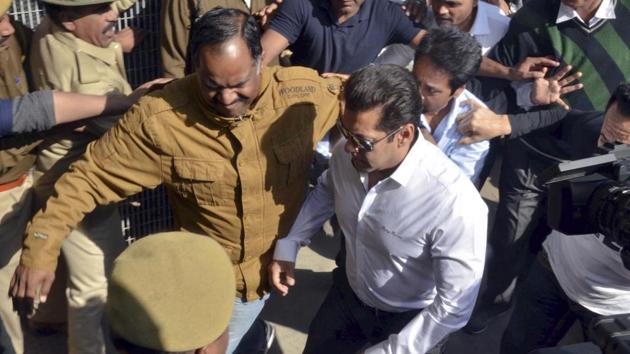 Salman Khan at Jodhpur after being acquitted in the case. Chief judicial magistrate Dalpat Singh Rajpurohit said the prosecution had failed to prove both the charges against him. (Ramji Vyas/HT Photo) Salman Khan at Jodhpur after being acquitted in the case. Chief judicial magistrate Dalpat Singh Rajpurohit said the prosecution had failed to prove both the charges against him. (Ramji Vyas/HT Photo)