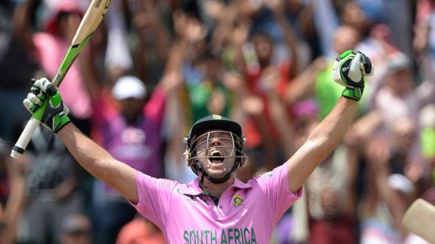 AB de Villiers of South Africa celebrates smashing the fastest ever one-day century off just 31 balls during the 2nd ODI against the West Indies at Wanderers in Johannesburg, on January 18, 2015(Getty Images)