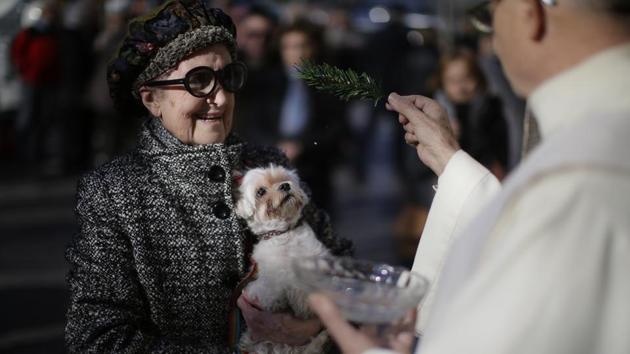 A priest blesses a dog during the feast of Saint Anthony, Spain's patron saint of animals, in Barcelona. The feast is celebrated each year in many parts of Spain and people bring their pets to churches to be blessed. (Manu Fernandez/AP) A priest blesses a dog during the feast of Saint Anthony, Spain's patron saint of animals, in Barcelona. The feast is celebrated each year in many parts of Spain and people bring their pets to churches to be blessed. (Manu Fernandez/AP)