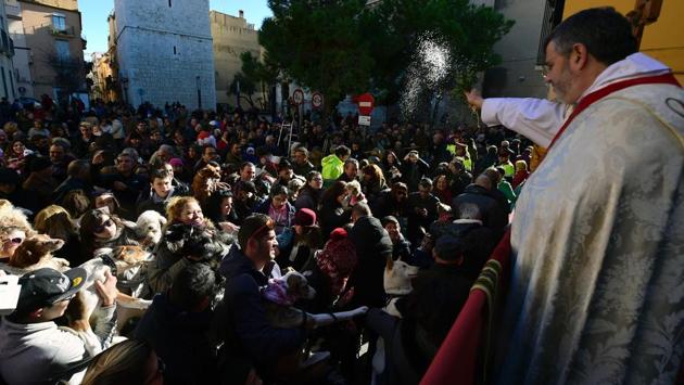 People hold their pets as a priest (R) blesses the animals in Vilanova i la Geltru, near Barcelona. (Lluis Gene/AFP) People hold their pets as a priest (R) blesses the animals in Vilanova i la Geltru, near Barcelona. (Lluis Gene/AFP)