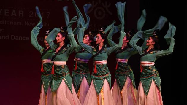 Artists from Xinjiang Art Theatre song and Dance troupe perform Group Stomping Dance. Established in 1949, Xinjiang Art Theater Song and Dance Troupe has been dedicating its full efforts to creating top quality theater art works by absorbing rich culture and art resources in China and taking in innovative modern art elements. (Arvind Yadav/HT PHOTO) Artists from Xinjiang Art Theatre song and Dance troupe perform Group Stomping Dance. Established in 1949, Xinjiang Art Theater Song and Dance Troupe has been dedicating its full efforts to creating top quality theater art works by absorbing rich culture and art resources in China and taking in innovative modern art elements. (Arvind Yadav/HT PHOTO)