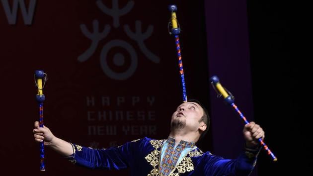 A member of Xinjiang Art Theatre song and Dance troupe performs Acrobatics hand Technique. Their efforts in pursuing artistic excellence have been rewarded with so many awards in major domestic and international events including National Five A Award, the Lotus Award of National Dance Competition, and others. (Arvind Yadav/HT PHOTO) A member of Xinjiang Art Theatre song and Dance troupe performs Acrobatics hand Technique. Their efforts in pursuing artistic excellence have been rewarded with so many awards in major domestic and international events including National Five A Award, the Lotus Award of National Dance Competition, and others. (Arvind Yadav/HT PHOTO)