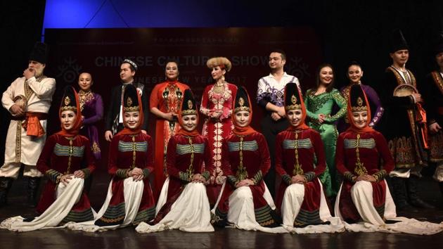 Members of Xinjiang Art Theatre song and Dance troupe pose for a photo at the end of the event. When asked, Mr. Zhang Zhihong, Cultural Counsellor, Embassy of China in India said that Chinese New Year is one of the most important traditional festivals in China and now is getting popular in many parts of the world. We are happy to share the joy of this traditional festival with Indian friends and for this purpose we bring Xinjiang Art Theater Song and Dance Troupe this year to India. I believe it will make Indian people know more about the diversified and rich culture of China, thus further deepening cultural cooperation and exchange between our two great countries (Arvind Yadav/HT PHOTO) Members of Xinjiang Art Theatre song and Dance troupe pose for a photo at the end of the event. When asked, Mr. Zhang Zhihong, Cultural Counsellor, Embassy of China in India said that Chinese New Year is one of the most important traditional festivals in China and now is getting popular in many parts of the world. We are happy to share the joy of this traditional festival with Indian friends and for this purpose we bring Xinjiang Art Theater Song and Dance Troupe this year to India. I believe it will make Indian people know more about the diversified and rich culture of China, thus further deepening cultural cooperation and exchange between our two great countries (Arvind Yadav/HT PHOTO)