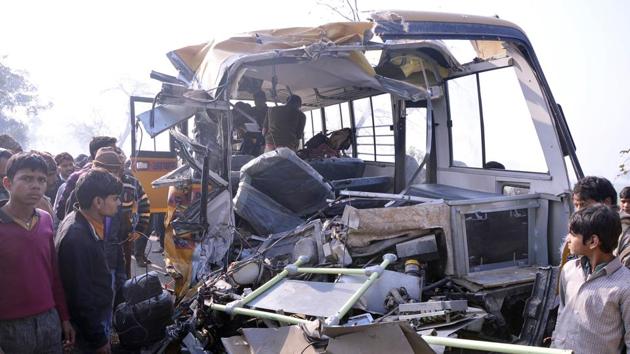 School children killed as bus collides with truck in Uttar Pradesh’s Etah. (HT Photo) School children killed as bus collides with truck in Uttar Pradesh’s Etah. (HT Photo)