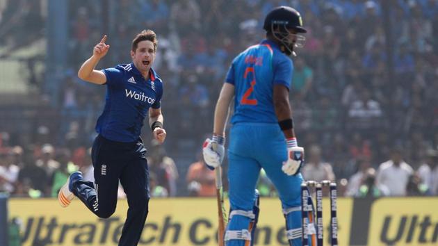 Chris Woakes of England celebrates the wicket of KL Rahul of India during the second One Day International match. (BCCI) 