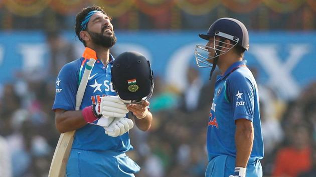 Yuvraj Singh celebrates after reaching his century against England. (BCCI) 