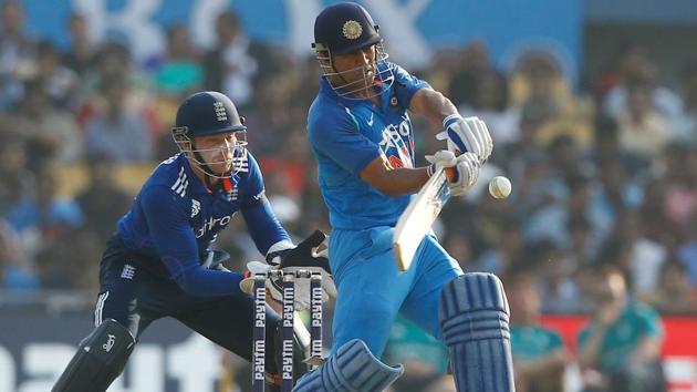 Mahendra Singh Dhoni bats during the second One Day International match between India and England. (BCCI) 