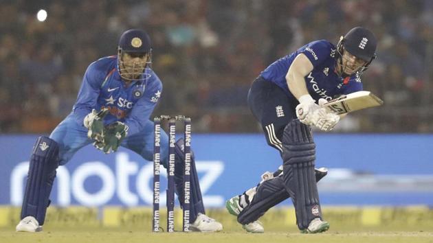 England’s Eoin Morgan plays a shot during the second One Day International match against India. (BCCI) England’s Eoin Morgan plays a shot during the second One Day International match against India. (BCCI)