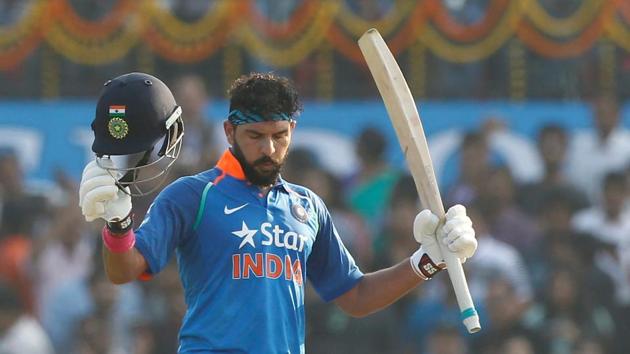 Yuvraj Singh celebrates his century in the second One-Day International against England in Cuttack on Thursday.(BCCI Photo)