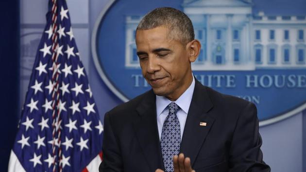 In this Jan. 18, 2017, photo, President Barack Obama taps the podium as he concludes his final presidential news conference in the briefing room of the White House in Washington. (AP) In this Jan. 18, 2017, photo, President Barack Obama taps the podium as he concludes his final presidential news conference in the briefing room of the White House in Washington. (AP)