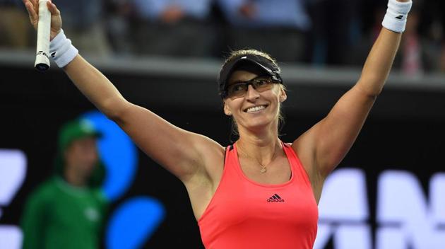 Croatia's Mirjana Lucic-Baroni celebrates her shocking victory against Poland's third seed Agnieszka Radwanska. Lucic-Baroni won 6-3, 6-2. (AFP) 