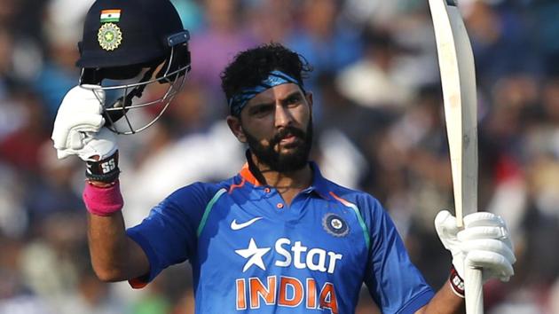 Yuvraj Singh scored his 14th ODI ton to steady India’s innings after a rocky start against England in the second ODI in Cuttack.(AP) Yuvraj Singh scored his 14th ODI ton to steady India’s innings after a rocky start against England in the second ODI in Cuttack.(AP)