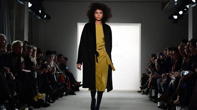 A model presents a creation by Dawid Tomaszewski / Patrizia Aryton at the Berlin Fashion Week in Berlin on Thursday. (AFP) A model presents a creation by Dawid Tomaszewski / Patrizia Aryton at the Berlin Fashion Week in Berlin on Thursday. (AFP)