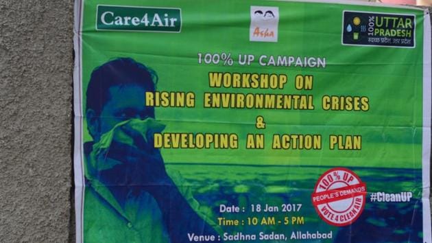 A poster put up at the venue of a seminar to discuss environmental issues to be included in poll manifestos of political parties. (HT Photo) A poster put up at the venue of a seminar to discuss environmental issues to be included in poll manifestos of political parties. (HT Photo)