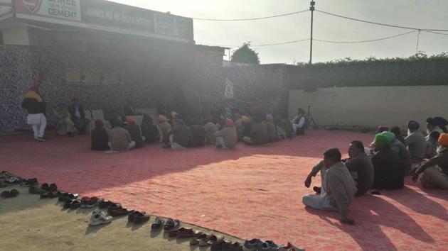 Shoes lined up near the stage during Union food minister Harsimrat Kaur Badal’s visit to Mansa on Friday.(HT Photo)