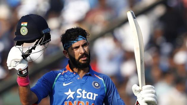 Yuvraj Singh notched up his first century in ODIs since the 2011 World Cup while he blasted his first 150 score during the game versus England in Cuttack.(BCCI)