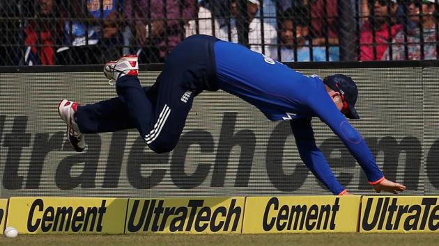 Alex Hales falls while trying to save a boundary during India vs England second ODI in Cuttack. (REUTERS) Alex Hales falls while trying to save a boundary during India vs England second ODI in Cuttack. (REUTERS)