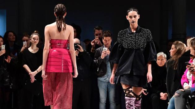 Models wear creations by Marina Hoermanseder during the Berlin Fashion Week in Berlin on Thursday. (AFP) Models wear creations by Marina Hoermanseder during the Berlin Fashion Week in Berlin on Thursday. (AFP)