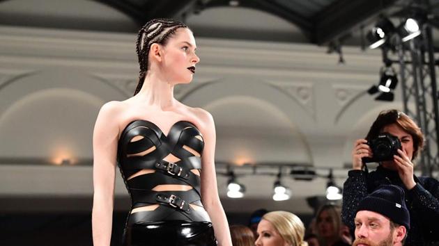 A model wears a creation by Marina Hoermanseder during the Berlin Fashion Week in Berlin on Thursday. (AFP) A model wears a creation by Marina Hoermanseder during the Berlin Fashion Week in Berlin on Thursday. (AFP)
