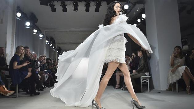 Model Rebecca Mir presents a design from the label Ewa Herzog in Berlin, Germany on Thursday. (AP) Model Rebecca Mir presents a design from the label Ewa Herzog in Berlin, Germany on Thursday. (AP)