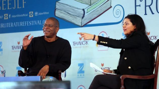 Writer & Poet Paul Beatty in conversation with Meru Gokhale during The Sellout session at the JLF. (Himanshu Vyas / HT photo) Writer & Poet Paul Beatty in conversation with Meru Gokhale during The Sellout session at the JLF. (Himanshu Vyas / HT photo)