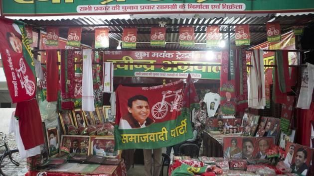 Samajwadi Party election campaign materials being sold at a stall near its party office in Lucknow. The party released its third list of candidates in Lucknow on Friday. (Rajesh Kumar Singh/AP File) Samajwadi Party election campaign materials being sold at a stall near its party office in Lucknow. The party released its third list of candidates in Lucknow on Friday. (Rajesh Kumar Singh/AP File)