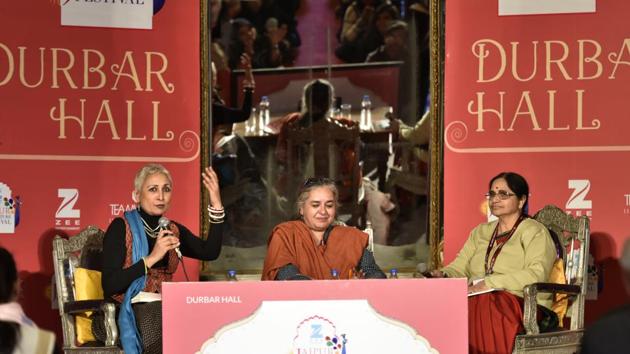 (L to R) Vayu Naidu, Arshia Sattar and Volga during the session ‘Uttara Kanda: Searching Sita’. (Saumya Khandelwal/HT PHOTO)
