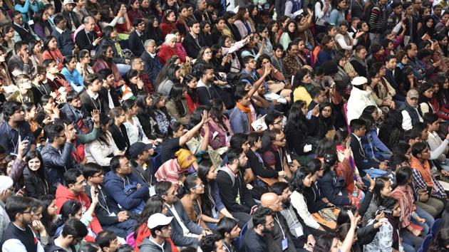 The sessions were jam-packed as anticipated with people struggling to find a place to sit. (Saumya Khandelwal/HT PHOTO)