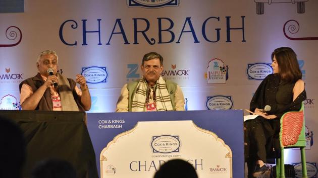 L to R) RSS leaders Manmohan Vaidya and Dattatreya Hosabale speak to Pragya Tiwari at Saffron and the Sangha session at the Jaipur Literature Festival on Friday. (Saumya Khandelwal/HT Photo) L to R) RSS leaders Manmohan Vaidya and Dattatreya Hosabale speak to Pragya Tiwari at Saffron and the Sangha session at the Jaipur Literature Festival on Friday. (Saumya Khandelwal/HT Photo)