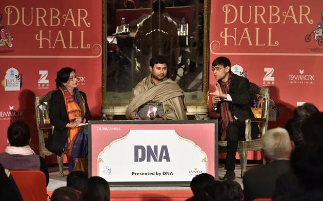 (L to R) Reba Som, Hindol Sengupta, Makarand Paranjape during the session, The Master: Vivekanand and his Teachings, at the Jaipur Literature Festival on Friday.(Saumya Khandelwal/HT Photo)