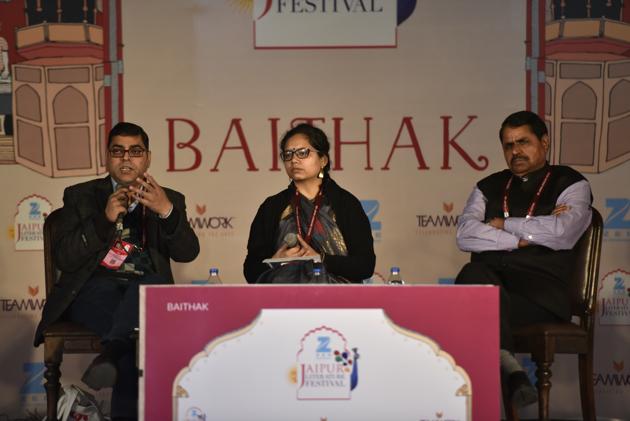 Hindi author Ajay Navaria and Anu Singh Choudhary during the session, Look Back in anger: Writing and Remembering session, at the Jaipur Literature Fest 2017 in Jaipur. (Saumya Khandelwal/HT Photo) Hindi author Ajay Navaria and Anu Singh Choudhary during the session, Look Back in anger: Writing and Remembering session, at the Jaipur Literature Fest 2017 in Jaipur. (Saumya Khandelwal/HT Photo)