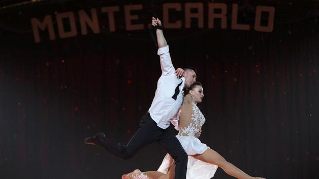 Trapeze artists Sky Angels perform during the opening of the 41st Monte-Carlo International Circus Festival. (AFP)