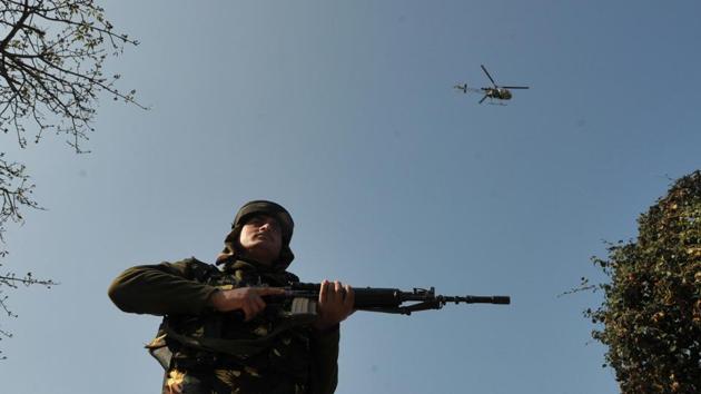 An army helicopter hovers outside a camp in the frontier Battal area, about 105 kilometres from Jammu.(Nitin Kanotra/HT File Photo) An army helicopter hovers outside a camp in the frontier Battal area, about 105 kilometres from Jammu.(Nitin Kanotra/HT File Photo)