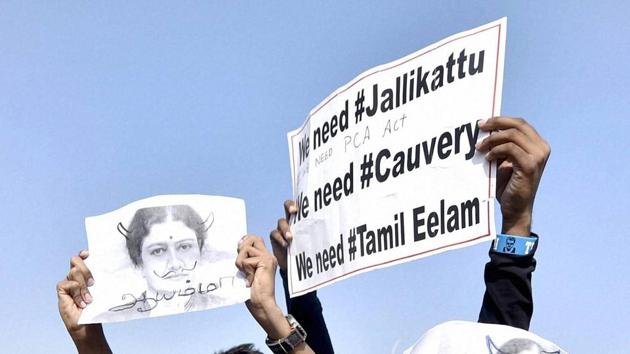 Chennai: Youngsters and students participate in a protest to lift the ban on Jallikattu and impose ban on PETA, at Kamarajar Salai, Marina Beach in Chennai on Thursday. PTI Photo by R Senthil Kumar (PTI1_19_2017_000270B) (PTI) Chennai: Youngsters and students participate in a protest to lift the ban on Jallikattu and impose ban on PETA, at Kamarajar Salai, Marina Beach in Chennai on Thursday. PTI Photo by R Senthil Kumar (PTI1_19_2017_000270B) (PTI)