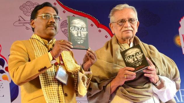 Poet-filmmaker Gulzar with his English translator MP Pavan Varma during the launch of Gulzar’s latest book Suspected Poetry at JLF 2017 on Friday. (Prabhakar Sharma / HT photo)