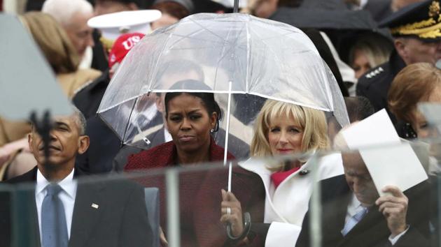 First Lady Michelle Obama (L) and Jill Biden look on during the inauguration ceremony. (REUTERS) First Lady Michelle Obama (L) and Jill Biden look on during the inauguration ceremony. (REUTERS)