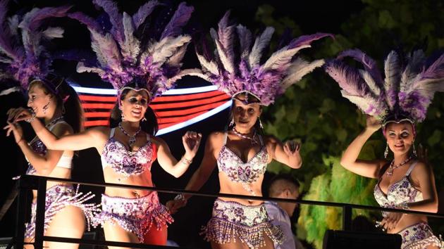 Performers participate in the opening parade of the Uruguayan carnival -- the world’s longest -- in Montevideo. (MIGUEL ROJO / AFP) Performers participate in the opening parade of the Uruguayan carnival -- the world’s longest -- in Montevideo. (MIGUEL ROJO / AFP)