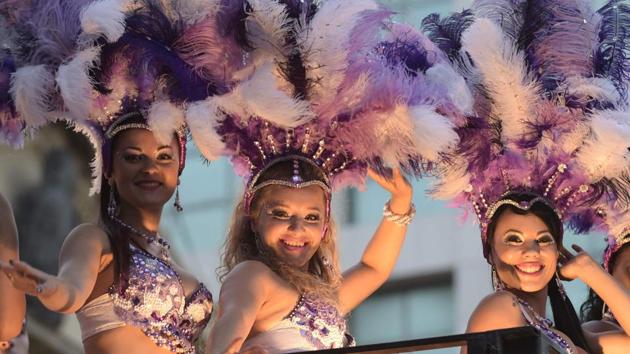 Dancers perform during the opening parade of the Uruguayan carnival -- the world’s longest -- in Montevideo. (MIGUEL ROJO / AFP) Dancers perform during the opening parade of the Uruguayan carnival -- the world’s longest -- in Montevideo. (MIGUEL ROJO / AFP)