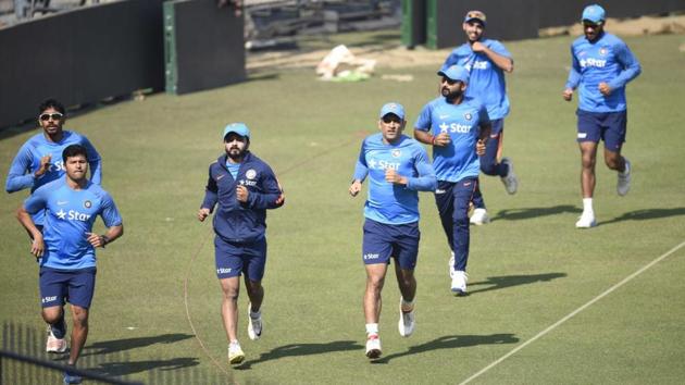 The Indian cricket team practices ahead of their ODI match against England. (HT Photo/subhankar chakraborty )