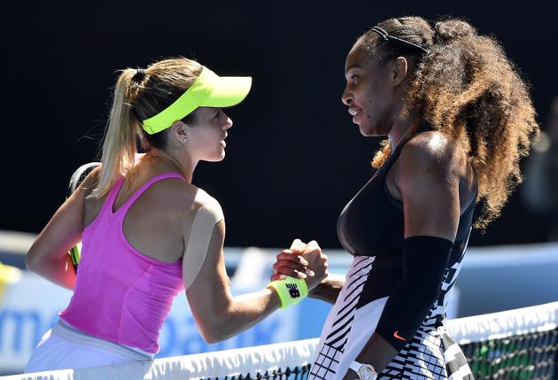 United States' Serena Williams (right) is congratulated by compatriot Nicole Gibbs. Serena Williams won 6-1, 6-3. (AP)