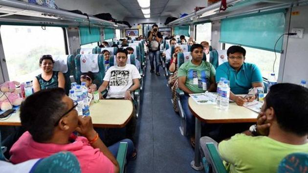 Passengers aboard the newly launched 'Gatimaan Express', India’s first semi-high speed train, in New Delhi.(PTI File Photo)