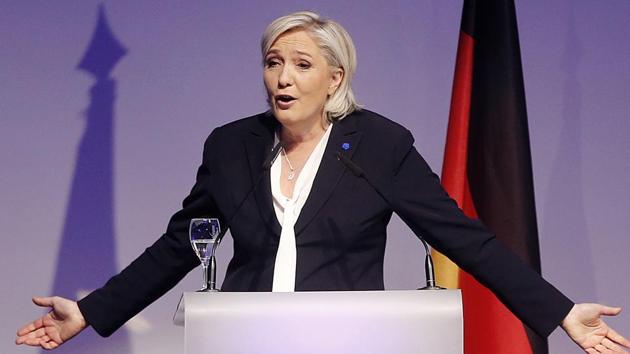 Far-right leader and candidate for next spring presidential elections Marine le Pen from France delivers a speech at a meeting of European Nationalists in Koblenz, Germany, Saturday. (AP Photo)